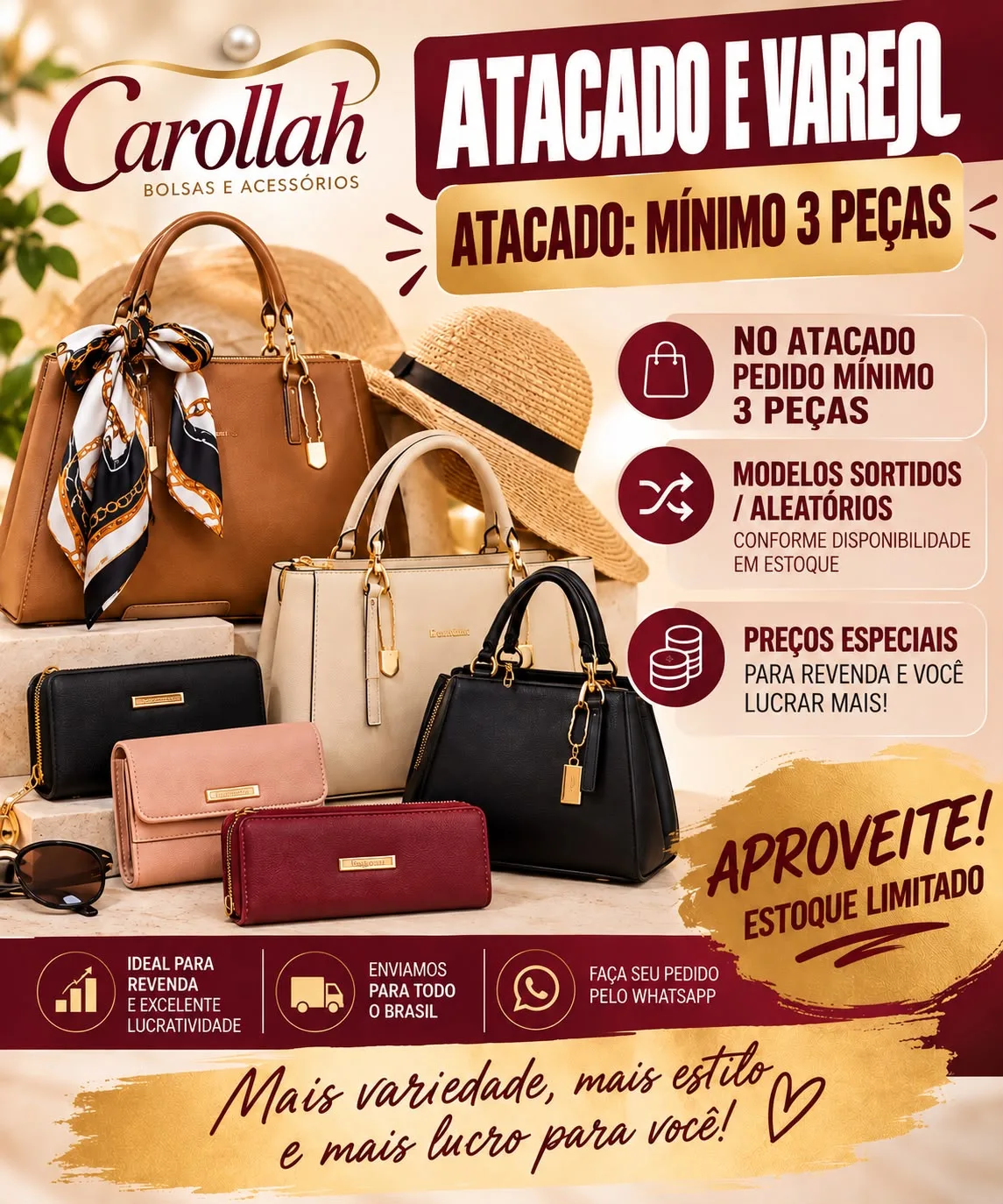 Arte da Carollah: atacado e varejo, pedido mínimo de 3 peças, modelos sortidos, envio para todo o Brasil
