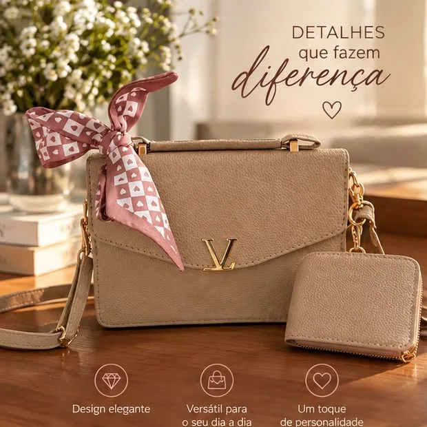 Bolsa bege com lenço rosa e carteira