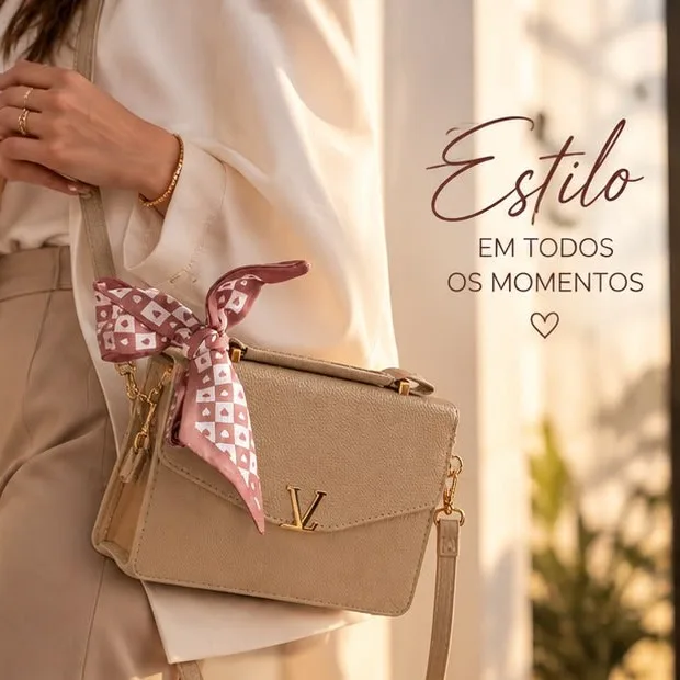 Bolsa bege com lenço rosa e carteira, foto 2 de 4