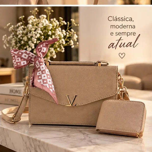 Bolsa bege com lenço rosa e carteira, foto 4 de 4