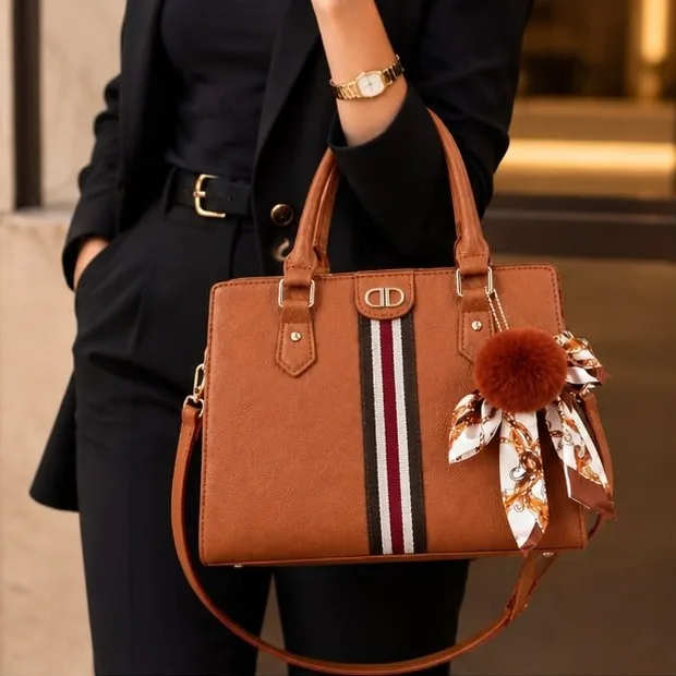 Bolsa caramelo com listra e pompom, foto 2 de 4