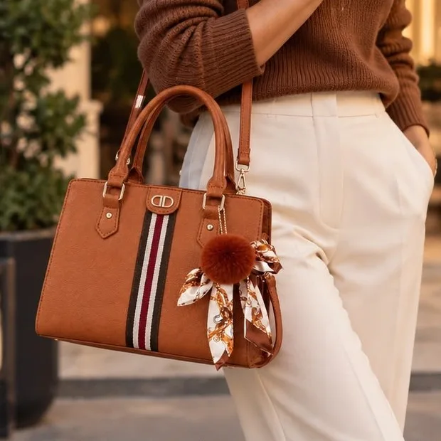 Bolsa caramelo com listra e pompom, foto 4 de 4