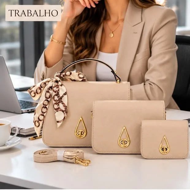 Conjunto bege de três peças com lenço
