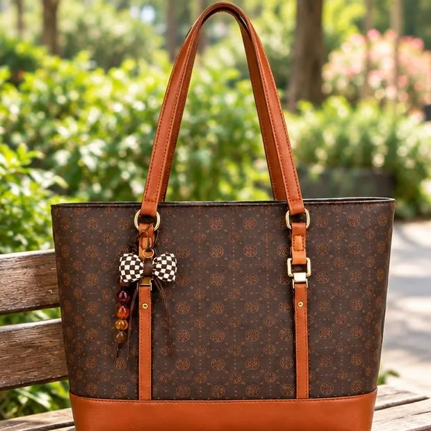 Bolsa marrom estampada com laço xadrez