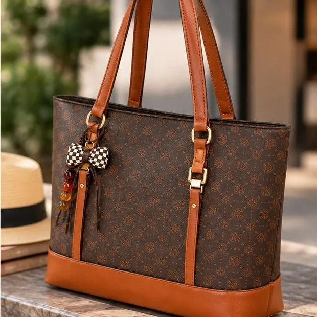 Bolsa marrom estampada com laço xadrez, foto 2 de 4