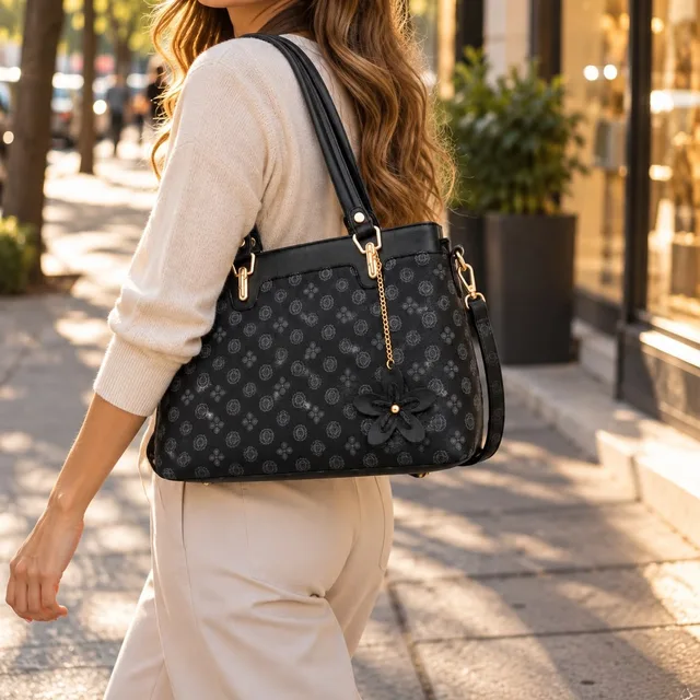 Bolsa preta estampada com flor