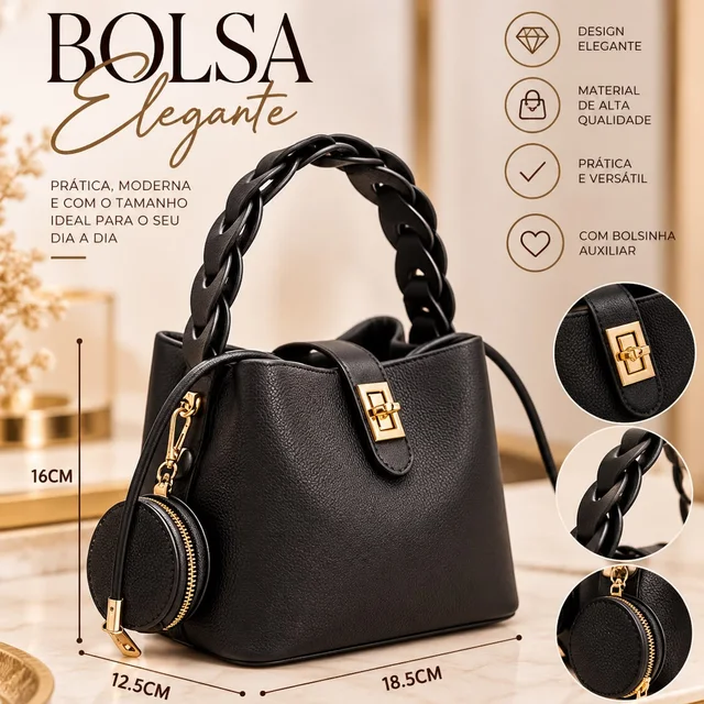 Bolsa preta de alça trançada com bolsinha auxiliar